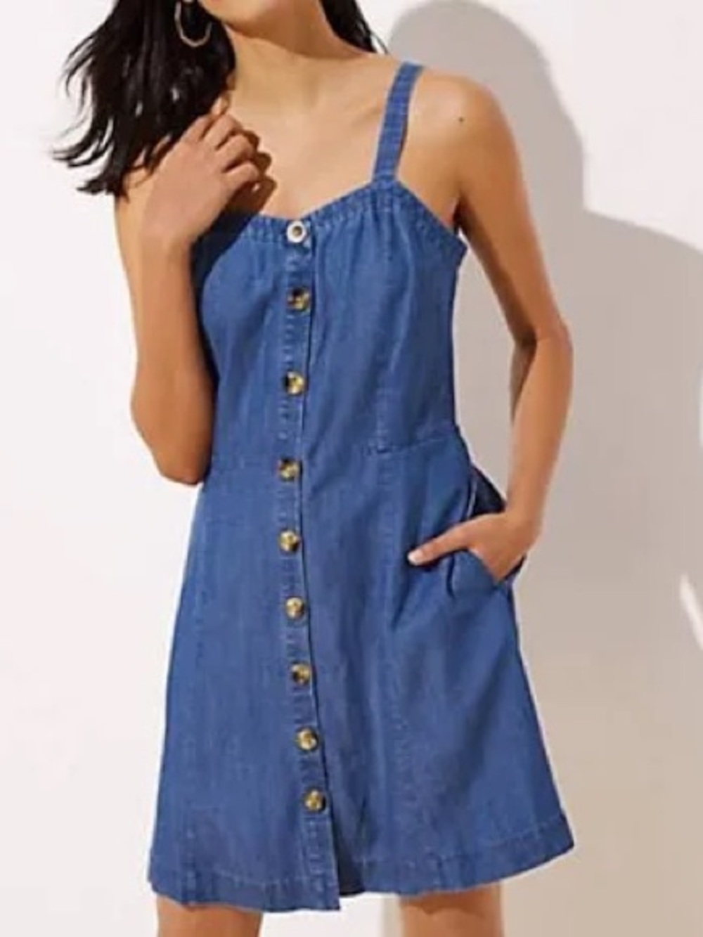 LOFT Chambray Denim Linen Blend Button Up Mini Dress with Pockets - Picture 2 of 9